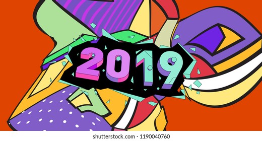2019 New Year text with Colorful Abstract Geometric Background Pattern. New Year Design Template for Card, Poster, and Party Celebration.