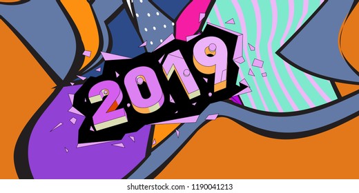 2019 New Year text with Colorful Abstract Geometric Background Pattern. New Year Design Template for Card, Poster, and Party Celebration.