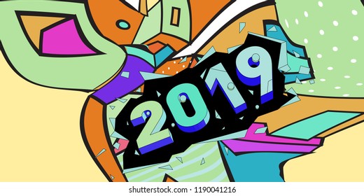 2019 New Year text with Colorful Abstract Geometric Background Pattern. New Year Design Template for Card, Poster, and Party Celebration.