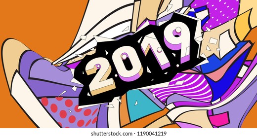 2019 New Year text with Colorful Abstract Geometric Background Pattern. New Year Design Template for Card, Poster, and Party Celebration.