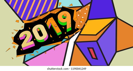 2019 New Year text with Colorful Abstract Geometric Background Pattern. New Year Design Template for Card, Poster, and Party Celebration.