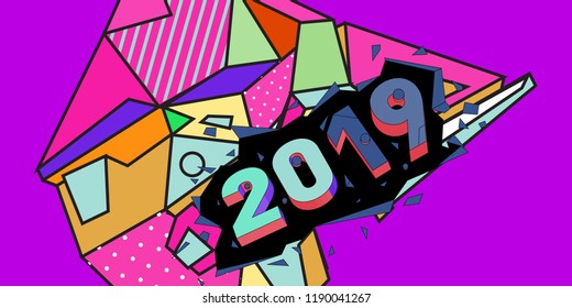 2019 New Year text with Colorful Abstract Geometric Background Pattern. New Year Design Template for Card, Poster, and Party Celebration.