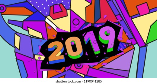 2019 New Year text with Colorful Abstract Geometric Background Pattern. New Year Design Template for Card, Poster, and Party Celebration.