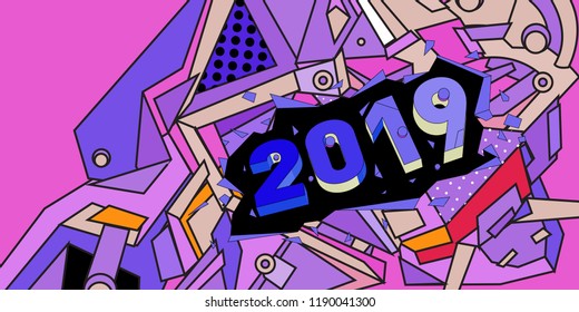 2019 New Year text with Colorful Abstract Geometric Background Pattern. New Year Design Template for Card, Poster, and Party Celebration.