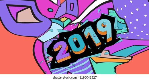 2019 New Year text with Colorful Abstract Geometric Background Pattern. New Year Design Template for Card, Poster, and Party Celebration.