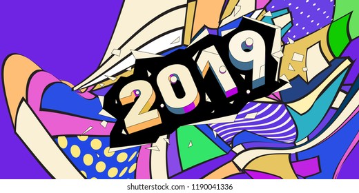 2019 New Year text with Colorful Abstract Geometric Background Pattern. New Year Design Template for Card, Poster, and Party Celebration.