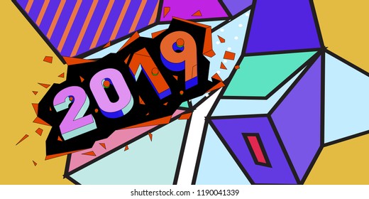 2019 New Year text with Colorful Abstract Geometric Background Pattern. New Year Design Template for Card, Poster, and Party Celebration.