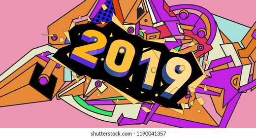 2019 New Year text with Colorful Abstract Geometric Background Pattern. New Year Design Template for Card, Poster, and Party Celebration.