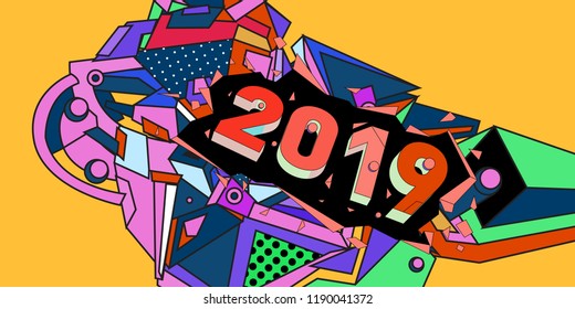 2019 New Year text with Colorful Abstract Geometric Background Pattern. New Year Design Template for Card, Poster, and Party Celebration.