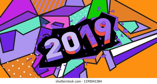 2019 New Year text with Colorful Abstract Geometric Background Pattern. New Year Design Template for Card, Poster, and Party Celebration.