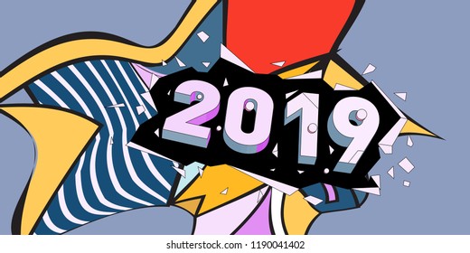 2019 New Year text with Colorful Abstract Geometric Background Pattern. New Year Design Template for Card, Poster, and Party Celebration.