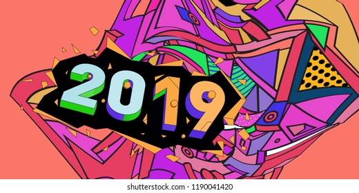 2019 New Year text with Colorful Abstract Geometric Background Pattern. New Year Design Template for Card, Poster, and Party Celebration.