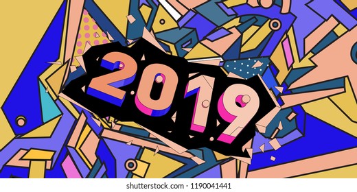 2019 New Year text with Colorful Abstract Geometric Background Pattern. New Year Design Template for Card, Poster, and Party Celebration.