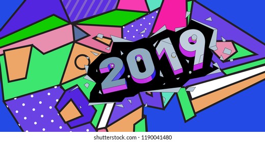 2019 New Year text with Colorful Abstract Geometric Background Pattern. New Year Design Template for Card, Poster, and Party Celebration.