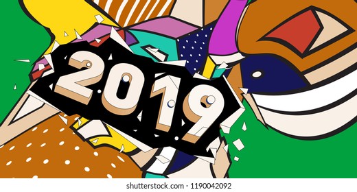 2019 New Year text with Colorful Abstract Geometric Background Pattern. New Year Design Template for Card, Poster, and Party Celebration.