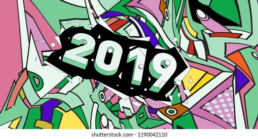 2019 New Year text with Colorful Abstract Geometric Background Pattern. New Year Design Template for Card, Poster, and Party Celebration.