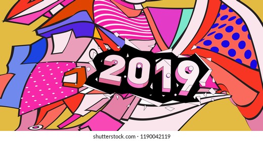 2019 New Year text with Colorful Abstract Geometric Background Pattern. New Year Design Template for Card, Poster, and Party Celebration.