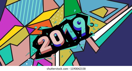 2019 New Year text with Colorful Abstract Geometric Background Pattern. New Year Design Template for Card, Poster, and Party Celebration.