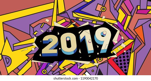 2019 New Year text with Colorful Abstract Geometric Background Pattern. New Year Design Template for Card, Poster, and Party Celebration.