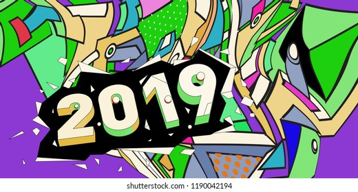 2019 New Year text with Colorful Abstract Geometric Background Pattern. New Year Design Template for Card, Poster, and Party Celebration.