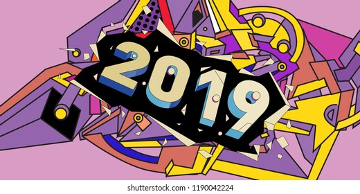 2019 New Year text with Colorful Abstract Geometric Background Pattern. New Year Design Template for Card, Poster, and Party Celebration.