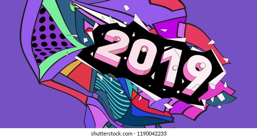 2019 New Year text with Colorful Abstract Geometric Background Pattern. New Year Design Template for Card, Poster, and Party Celebration.