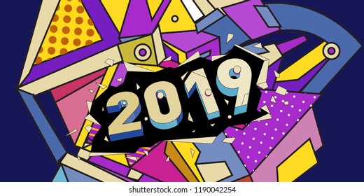 2019 New Year text with Colorful Abstract Geometric Background Pattern. New Year Design Template for Card, Poster, and Party Celebration.