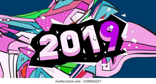 2019 New Year text with Colorful Abstract Geometric Background Pattern. New Year Design Template for Card, Poster, and Party Celebration.