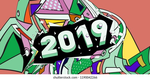 2019 New Year text with Colorful Abstract Geometric Background Pattern. New Year Design Template for Card, Poster, and Party Celebration.