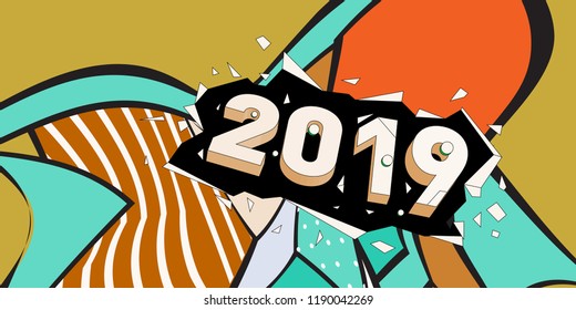 2019 New Year text with Colorful Abstract Geometric Background Pattern. New Year Design Template for Card, Poster, and Party Celebration.