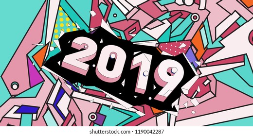 2019 New Year text with Colorful Abstract Geometric Background Pattern. New Year Design Template for Card, Poster, and Party Celebration.