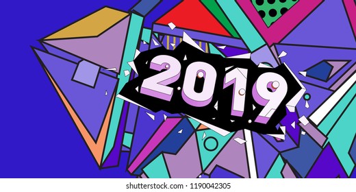 2019 New Year text with Colorful Abstract Geometric Background Pattern. New Year Design Template for Card, Poster, and Party Celebration.