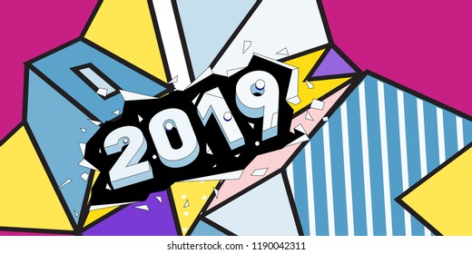 2019 New Year text with Colorful Abstract Geometric Background Pattern. New Year Design Template for Card, Poster, and Party Celebration.