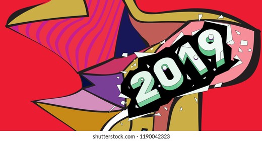 2019 New Year text with Colorful Abstract Geometric Background Pattern. New Year Design Template for Card, Poster, and Party Celebration.