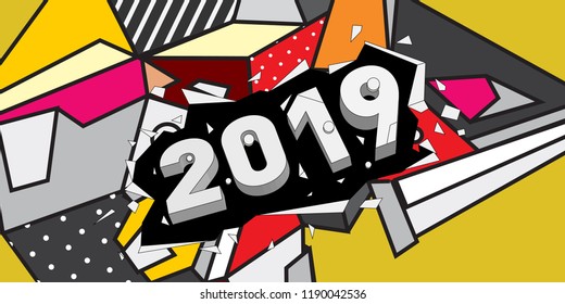 2019 New Year text with Colorful Abstract Geometric Background Pattern. New Year Design Template for Card, Poster, and Party Celebration.
