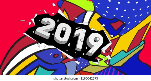 2019 New Year text with Colorful Abstract Geometric Background Pattern. New Year Design Template for Card, Poster, and Party Celebration.