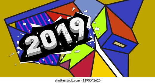 2019 New Year text with Colorful Abstract Geometric Background Pattern. New Year Design Template for Card, Poster, and Party Celebration.