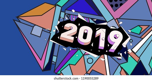 2019 New Year text with Colorful Abstract Geometric Background Pattern. New Year Design Template for Card, Poster, and Party Celebration.