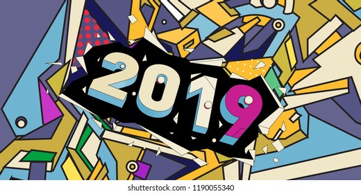 2019 New Year text with Colorful Abstract Geometric Background Pattern. New Year Design Template for Card, Poster, and Party Celebration.