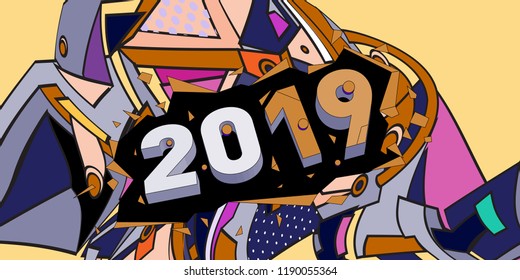 2019 New Year text with Colorful Abstract Geometric Background Pattern. New Year Design Template for Card, Poster, and Party Celebration.
