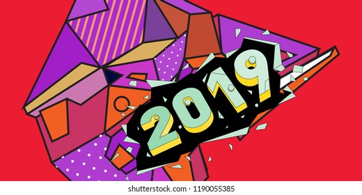 2019 New Year text with Colorful Abstract Geometric Background Pattern. New Year Design Template for Card, Poster, and Party Celebration.