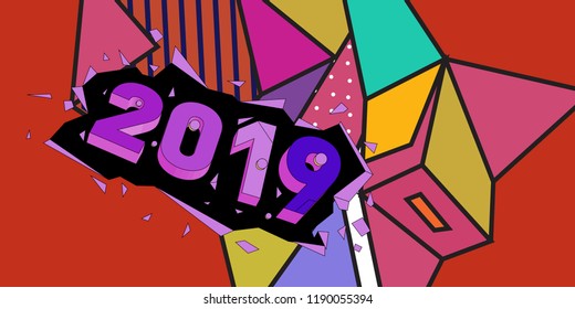 2019 New Year text with Colorful Abstract Geometric Background Pattern. New Year Design Template for Card, Poster, and Party Celebration.