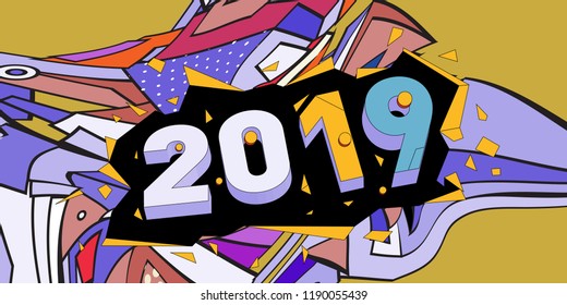 2019 New Year text with Colorful Abstract Geometric Background Pattern. New Year Design Template for Card, Poster, and Party Celebration.
