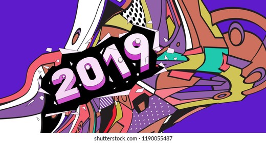 2019 New Year text with Colorful Abstract Geometric Background Pattern. New Year Design Template for Card, Poster, and Party Celebration.