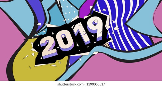 2019 New Year text with Colorful Abstract Geometric Background Pattern. New Year Design Template for Card, Poster, and Party Celebration.