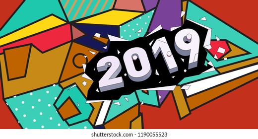 2019 New Year text with Colorful Abstract Geometric Background Pattern. New Year Design Template for Card, Poster, and Party Celebration.