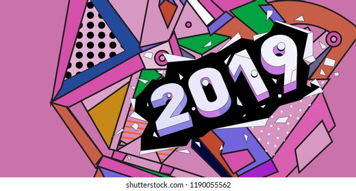 2019 New Year text with Colorful Abstract Geometric Background Pattern. New Year Design Template for Card, Poster, and Party Celebration.