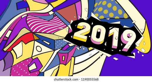 2019 New Year text with Colorful Abstract Geometric Background Pattern. New Year Design Template for Card, Poster, and Party Celebration.