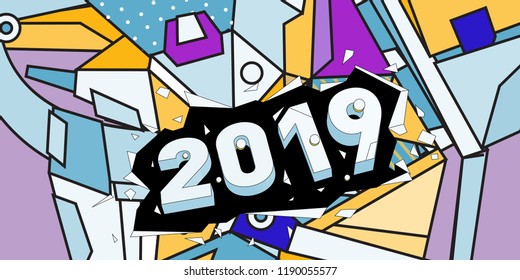 2019 New Year text with Colorful Abstract Geometric Background Pattern. New Year Design Template for Card, Poster, and Party Celebration.