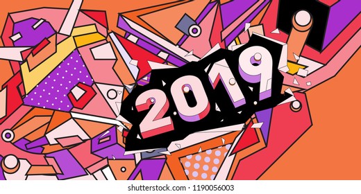 2019 New Year text with Colorful Abstract Geometric Background Pattern. New Year Design Template for Card, Poster, and Party Celebration.